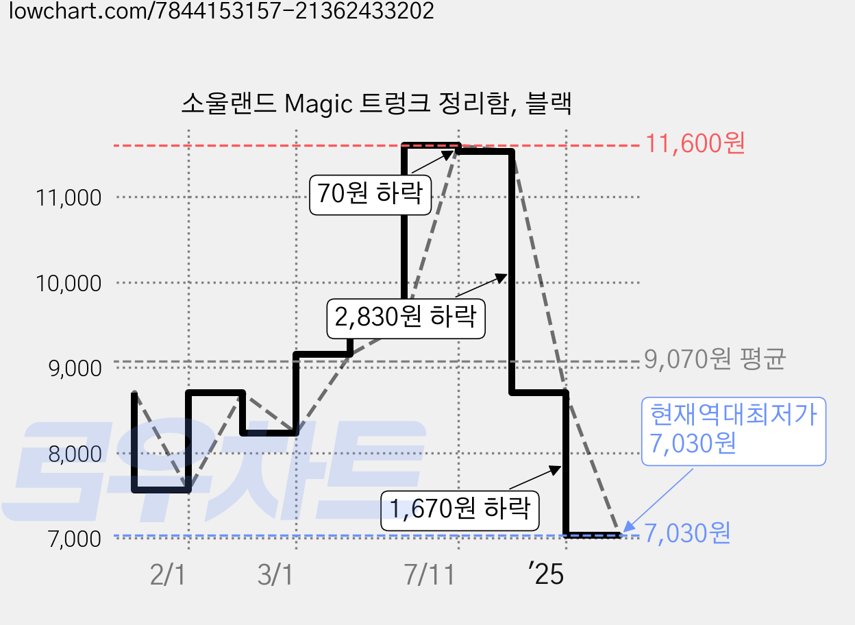 소울랜드 Magic 트렁크 정리함, 블랙 가격 변동 차트, 현재가 7,030원, 역대최저가