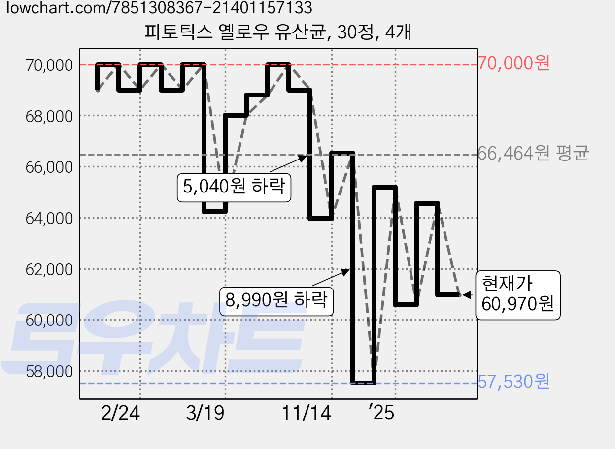 피토틱스 옐로우 유산균, 30정, 4개 가격 변동 차트, 현재가 60,970원, 관측 최저가 57,530원