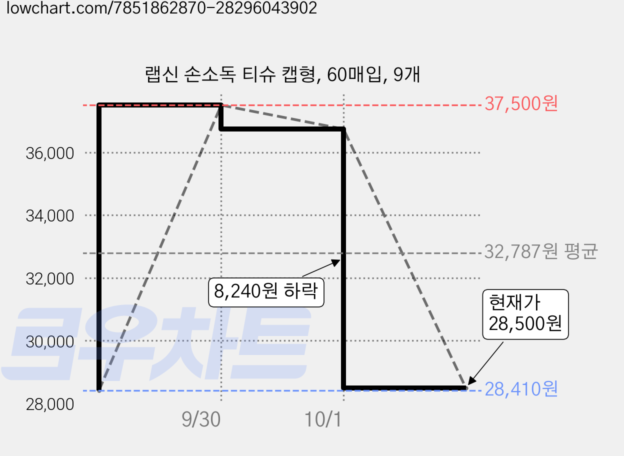 랩신 손소독 티슈 캡형, 60매입, 9개 가격 변동 차트, 현재가 28,500원, 관측 최저가 28,410원