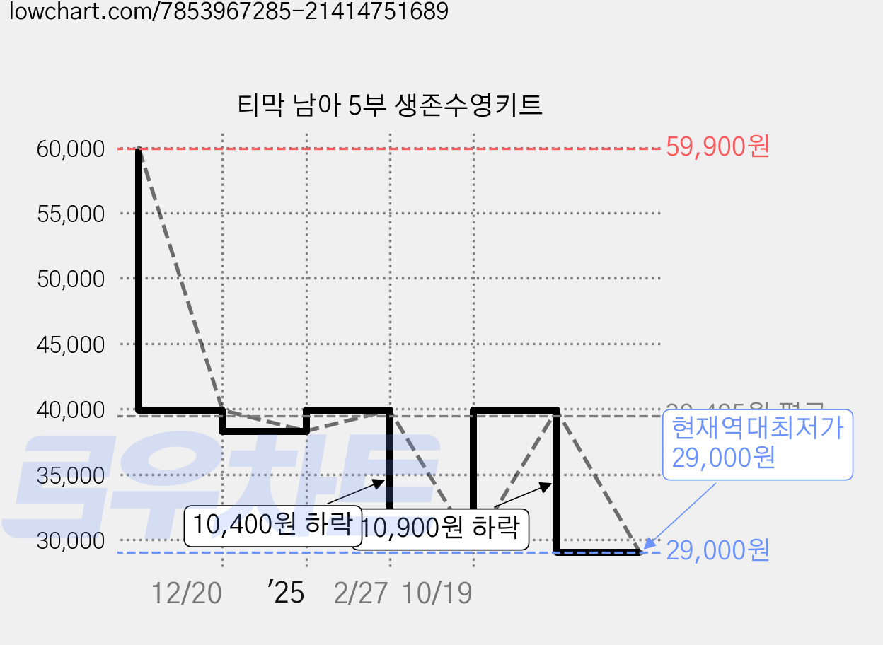 티막 남아 5부 생존수영키트 가격 변동 차트, 현재가 29,000원, 역대최저가