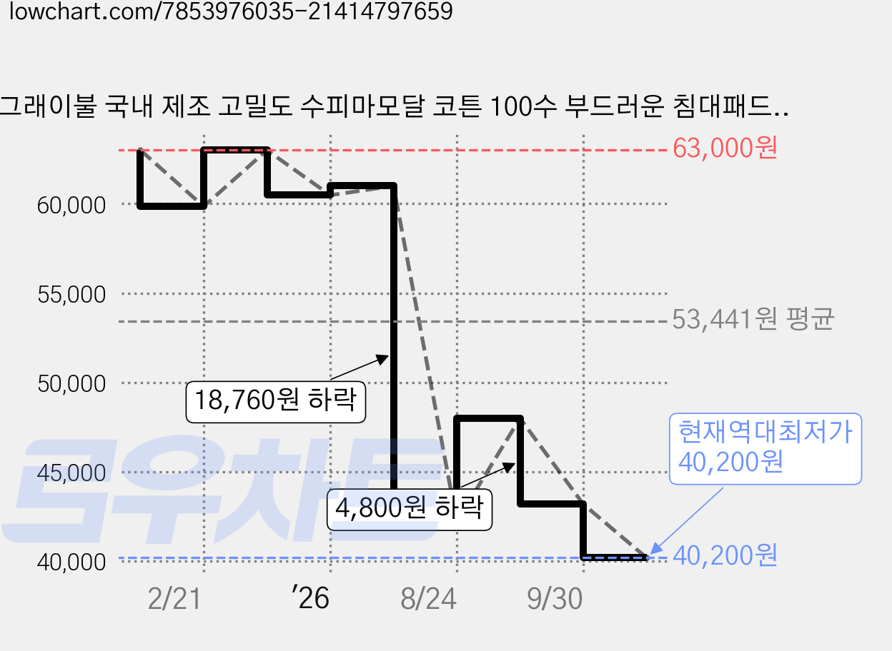 그래이불 국내 제조 고밀도 수피마모달 코튼 100수 부드러운 침대패드, 블루 가격 변동 차트, 현재가 40,200원, 역대최저가