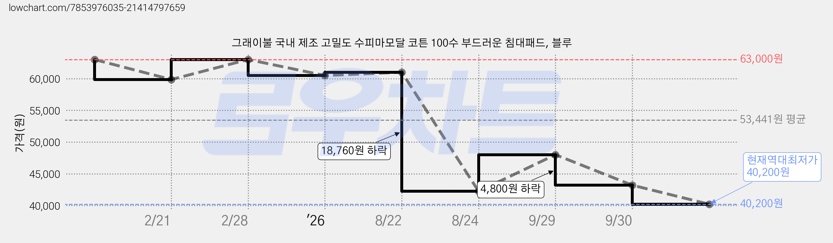 그래이불 국내 제조 고밀도 수피마모달 코튼 100수 부드러운 침대패드, 블루 가격 변동 차트, 현재가 40,200원, 역대최저가