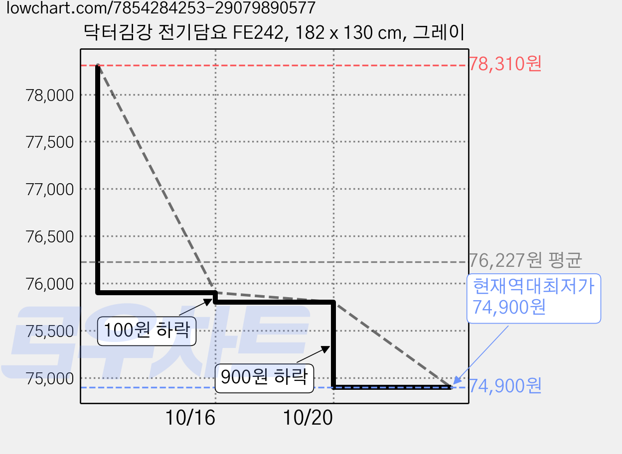 닥터김강 전기담요 FE242, 182 x 130 cm, 그레이 가격 변동 차트, 현재가 74,900원, 역대최저가