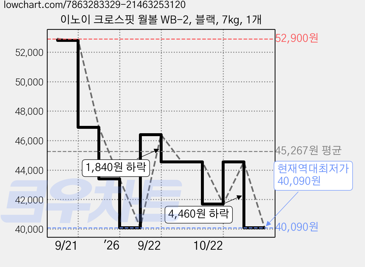 이노이 크로스핏 월볼 WB-2, 블랙, 7kg, 1개 가격 변동 차트, 현재가 40,090원, 역대최저가