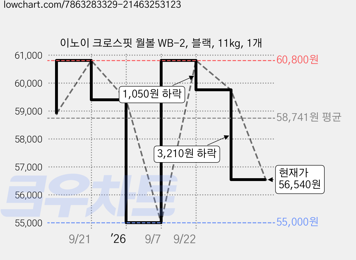 이노이 크로스핏 월볼 WB-2, 블랙, 11kg, 1개 가격 변동 차트, 현재가 56,540원, 관측 최저가 55,000원
