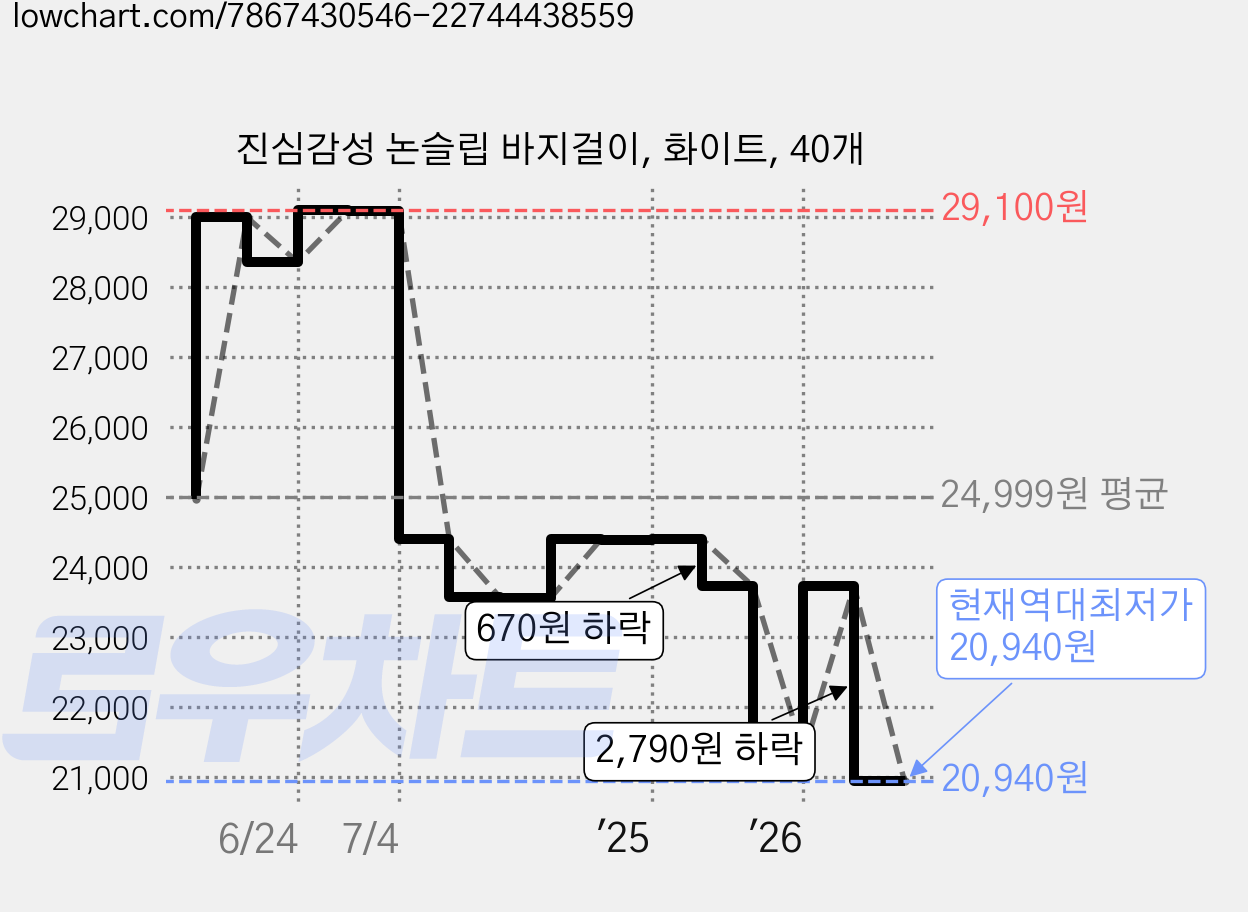 진심감성 논슬립 바지걸이, 화이트, 40개 가격 변동 차트, 현재가 20,940원, 역대최저가