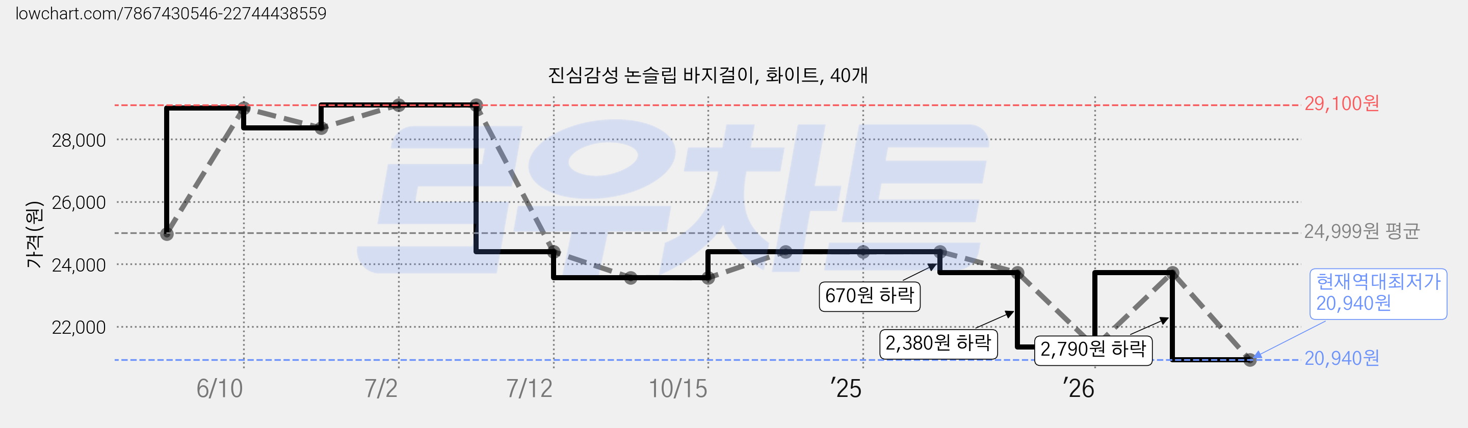 진심감성 논슬립 바지걸이, 화이트, 40개 가격 변동 차트, 현재가 20,940원, 역대최저가
