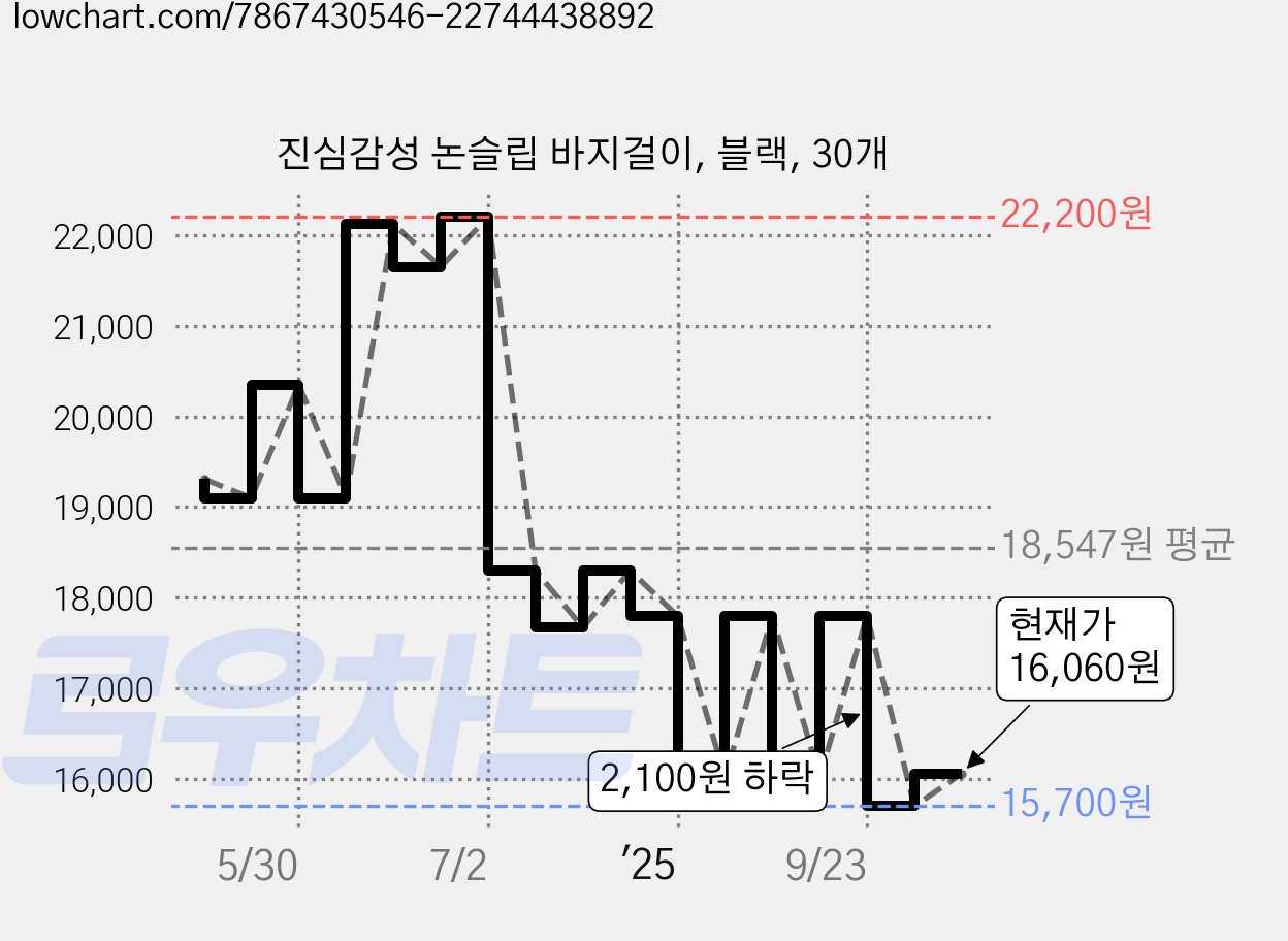 진심감성 논슬립 바지걸이, 블랙, 30개 가격 변동 차트, 현재가 16,060원, 관측 최저가 15,700원