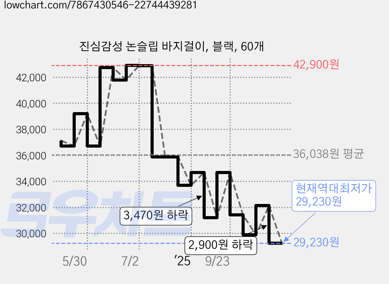 진심감성 논슬립 바지걸이, 블랙, 60개 가격 변동 차트, 현재가 29,230원, 역대최저가