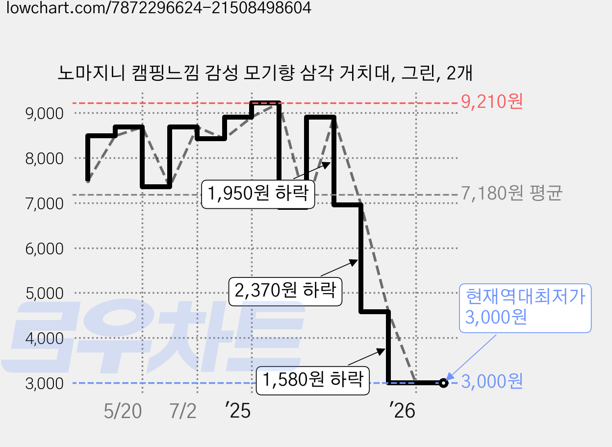 노마지니 캠핑느낌 감성 모기향 삼각 거치대, 그린, 2개 가격 변동 차트, 현재가 3,000원, 역대최저가