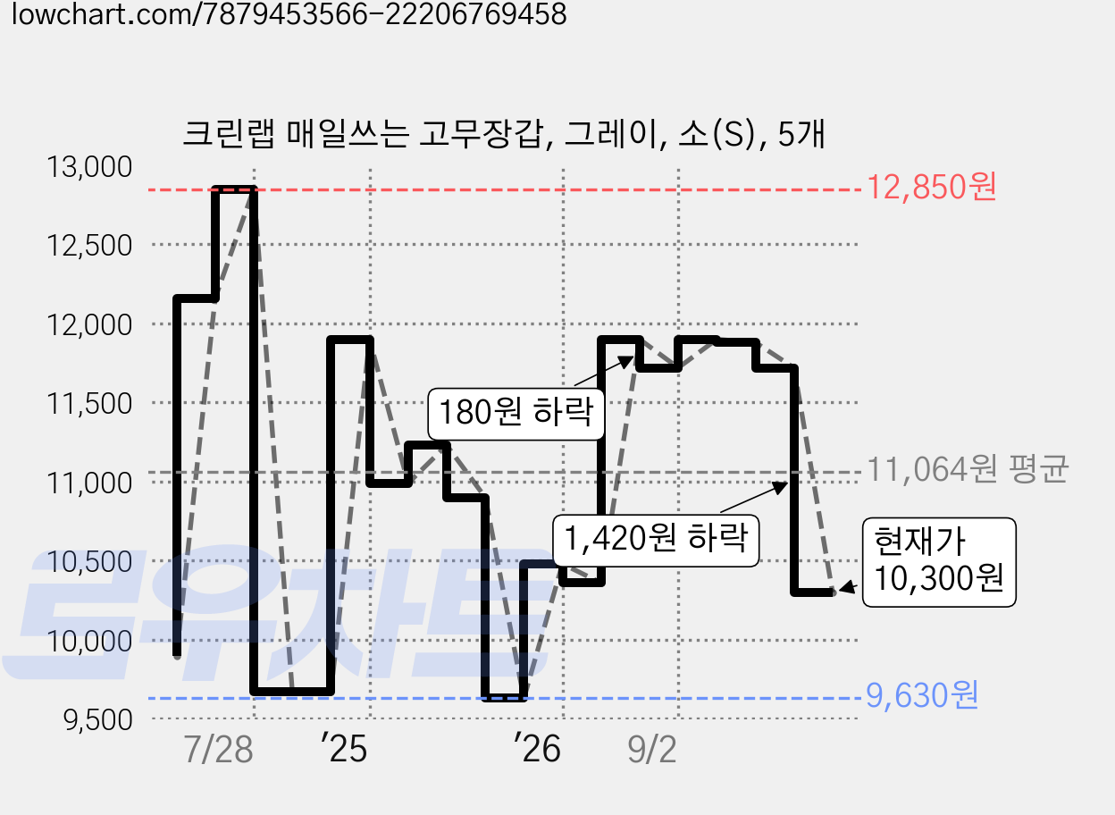 크린랩 매일쓰는 고무장갑, 그레이, 소(S), 5개 가격 변동 차트, 현재가 10,300원, 관측 최저가 9,630원