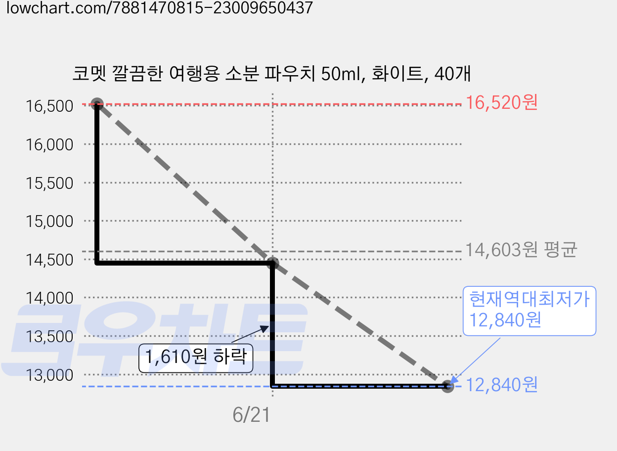 코멧 깔끔한 여행용 소분 파우치 50ml, 화이트, 40개 가격 변동 차트, 현재가 12,840원, 역대최저가