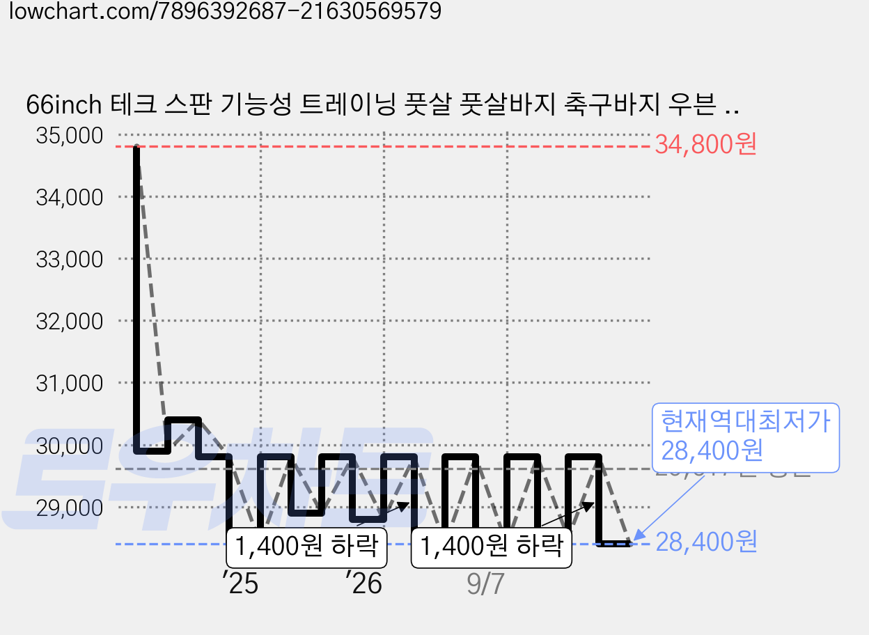 66inch 테크 스판 기능성 트레이닝 풋살 풋살바지 축구바지 우븐 조거팬츠 가격 변동 차트, 현재가 28,400원, 역대최저가