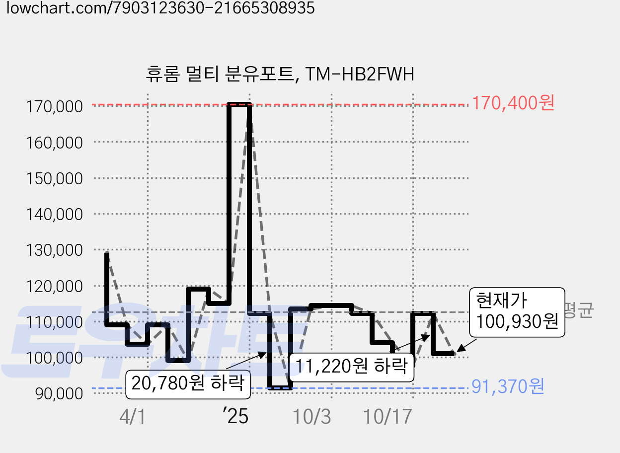 휴롬 멀티 분유포트, TM-HB2FWH 가격 변동 차트, 현재가 100,930원, 관측 최저가 91,370원