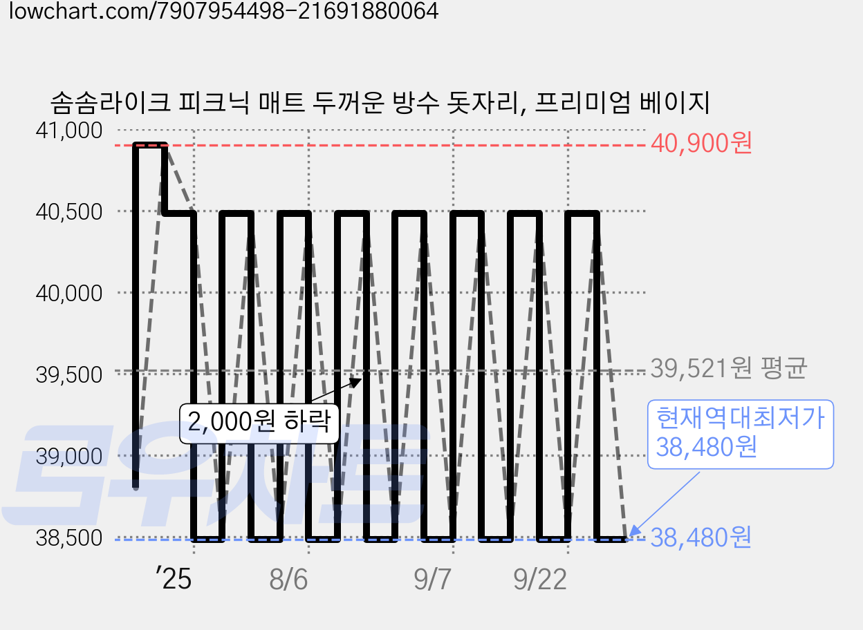 솜솜라이크 피크닉 매트 두꺼운 방수 돗자리, 프리미엄 베이지 가격 변동 차트, 현재가 38,480원, 역대최저가