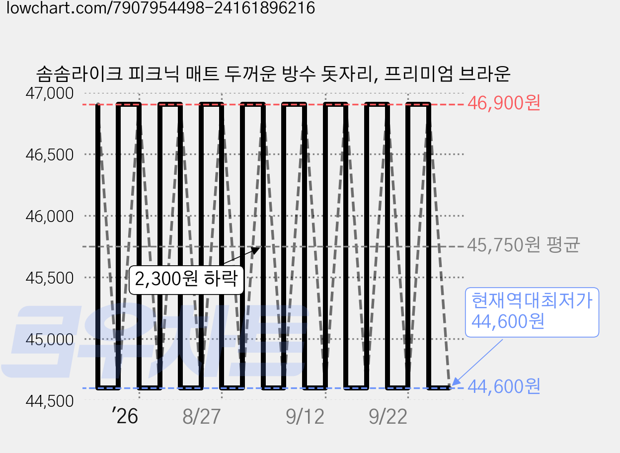 솜솜라이크 피크닉 매트 두꺼운 방수 돗자리, 프리미엄 브라운 가격 변동 차트, 현재가 44,600원, 역대최저가