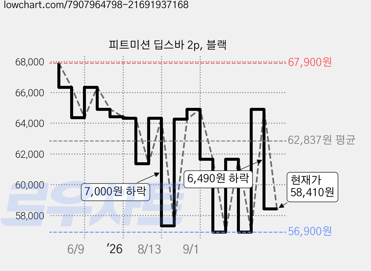 피트미션 딥스바 2p, 블랙 가격 변동 차트, 현재가 58,410원, 관측 최저가 56,900원
