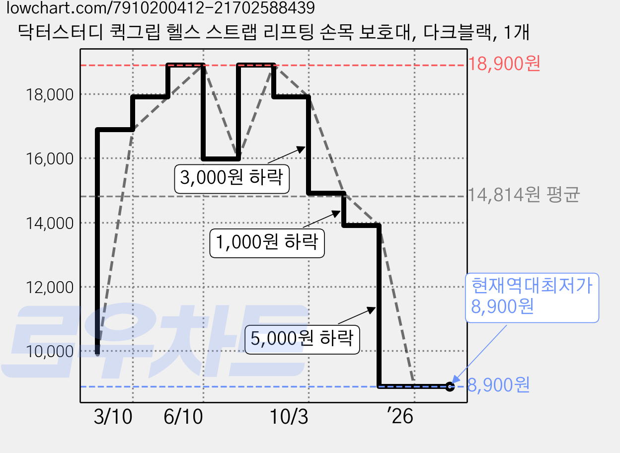 닥터스터디 퀵그립 헬스 스트랩 리프팅 손목 보호대, 다크블랙, 1개 가격 변동 차트, 현재가 8,900원, 역대최저가