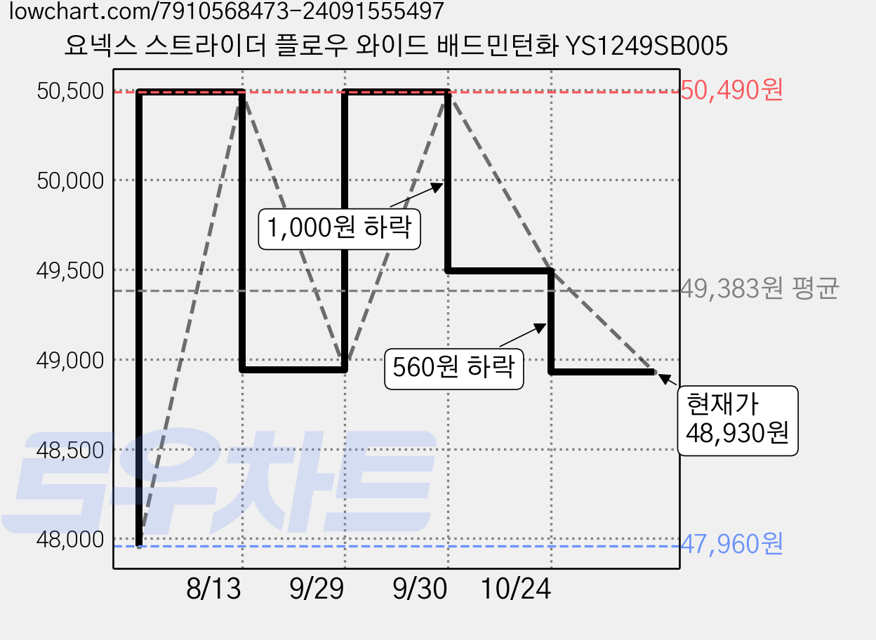 요넥스 스트라이더 플로우 와이드 배드민턴화 YS1249SB005 가격 변동 차트, 현재가 48,930원, 관측 최저가 47,960원