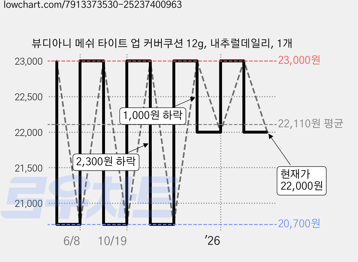 뷰디아니 메쉬 타이트 업 커버쿠션 12g, 내추럴데일리, 1개 가격 변동 차트, 현재가 22,000원, 관측 최저가 20,700원