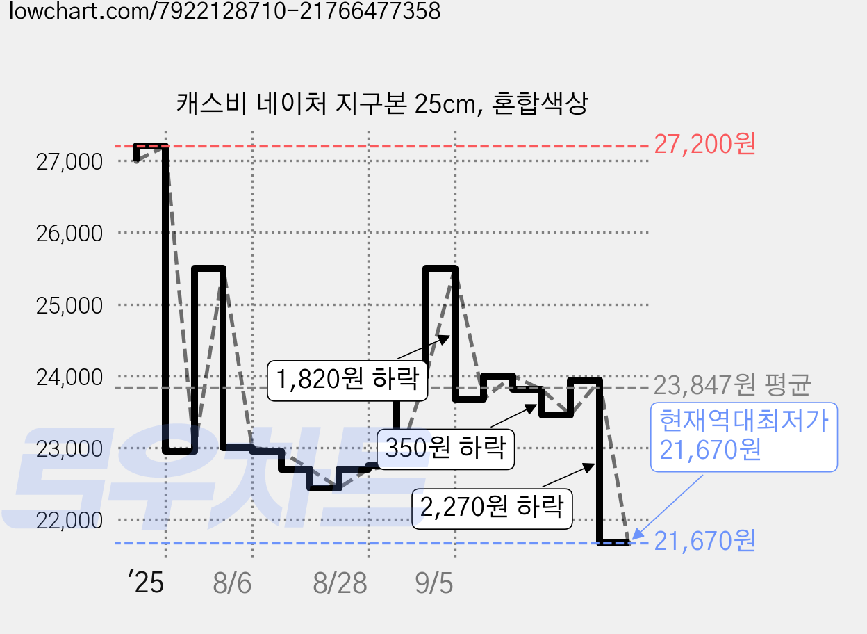 캐스비 네이처 지구본 25cm, 혼합색상 가격 변동 차트, 현재가 21,670원, 역대최저가