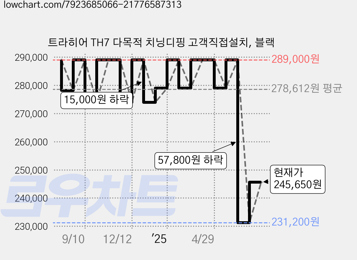 트라히어 TH7 다목적 치닝디핑 고객직접설치, 블랙 가격 변동 차트, 현재가 245,650원, 관측 최저가 231,200원