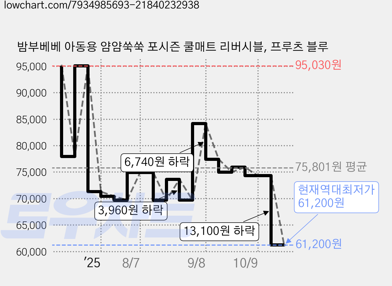 밤부베베 아동용 얌얌쑥쑥 포시즌 쿨매트 리버시블, 프루츠 블루 가격 변동 차트, 현재가 61,200원, 역대최저가