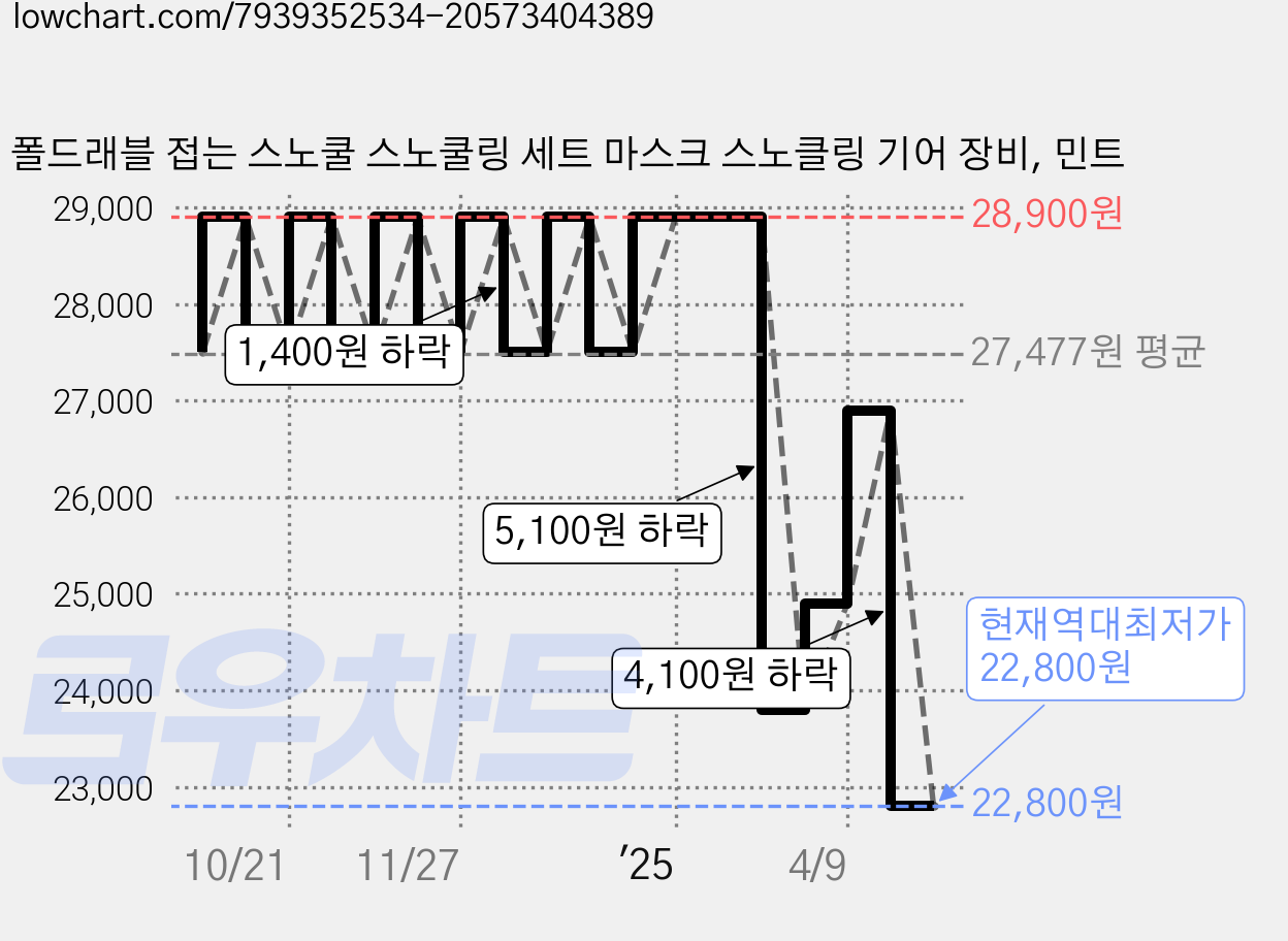 폴드래블 접는 스노쿨 스노쿨링 세트 마스크 스노클링 기어 장비, 민트 가격 변동 차트, 현재가 22,800원, 역대최저가
