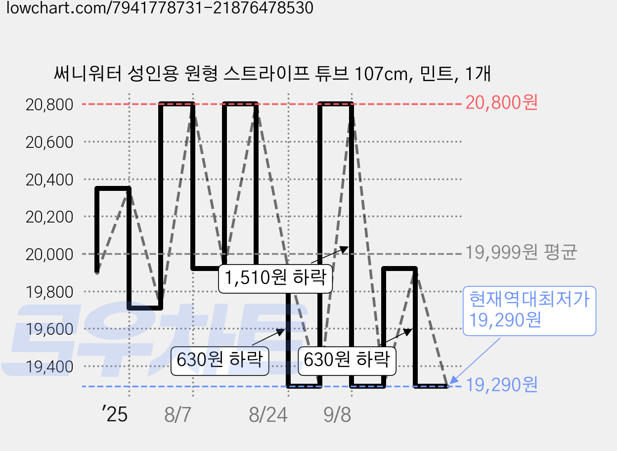 써니워터 성인용 원형 스트라이프 튜브 107cm, 민트, 1개 가격 변동 차트, 현재가 19,290원, 역대최저가