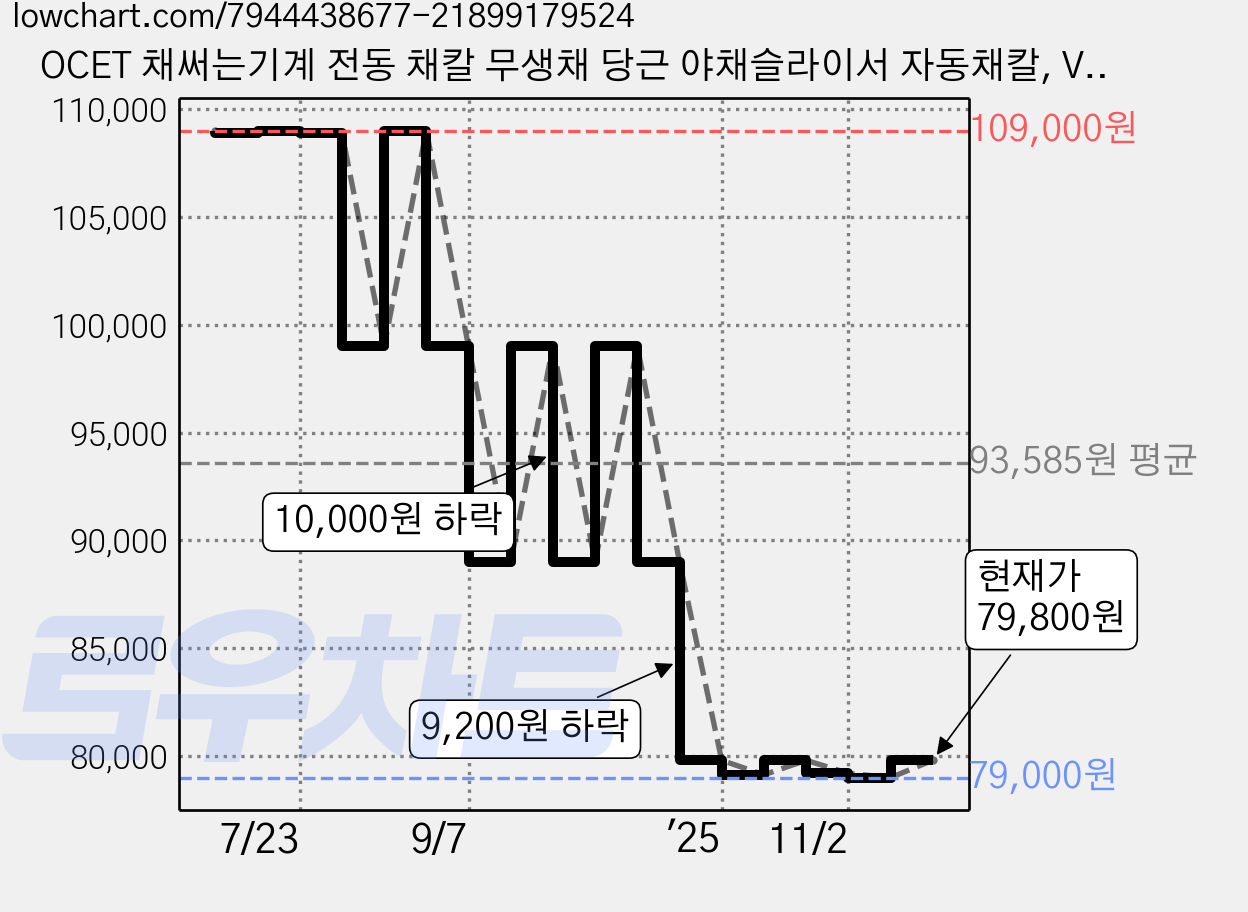 OCET 채써는기계 전동 채칼 무생채 당근 야채슬라이서 자동채칼, VSQ-S9, 1개, 그레이 가격 변동 차트, 현재가 79,800원, 관측 최저가 79,000원
