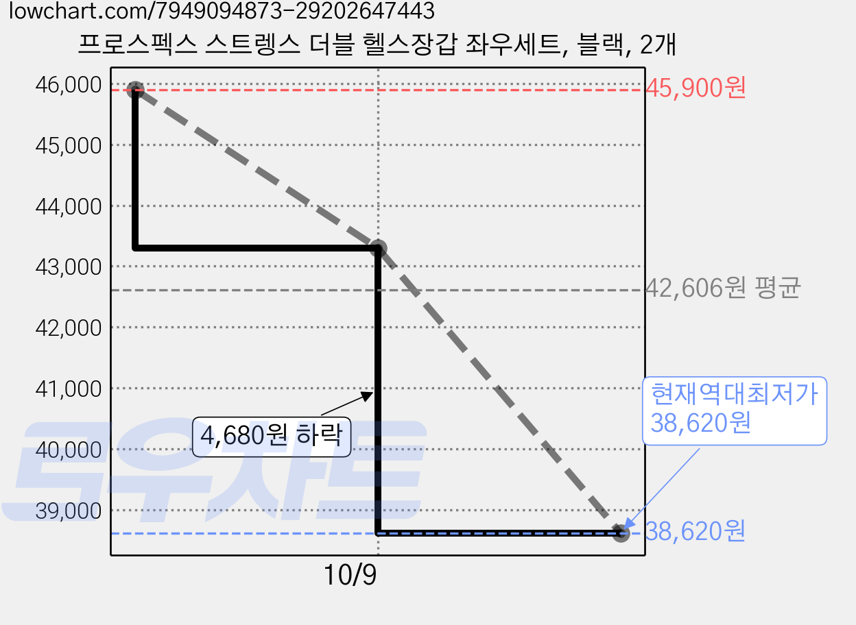 프로스펙스 스트렝스 더블 헬스장갑 좌우세트, 블랙, 2개 가격 변동 차트, 현재가 38,620원, 역대최저가