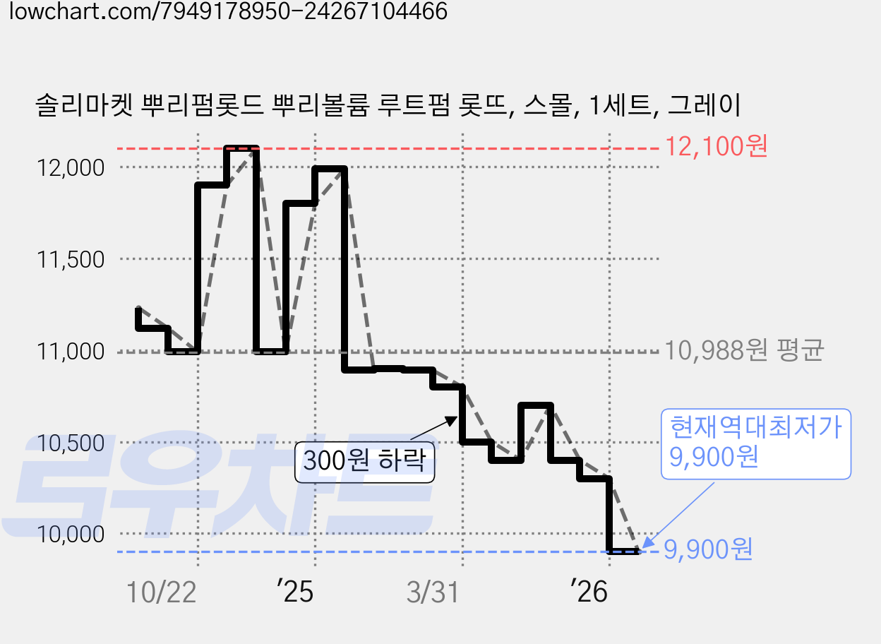 솔리마켓 뿌리펌롯드 뿌리볼륨 루트펌 롯뜨, 스몰, 1세트, 그레이 가격 변동 차트, 현재가 9,900원, 역대최저가