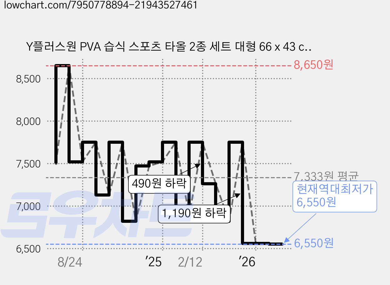 Y플러스원 PVA 습식 스포츠 타올 2종 세트 대형 66 x 43 cm, 블루 + 핑크, 1세트 가격 변동 차트, 현재가 6,550원, 역대최저가
