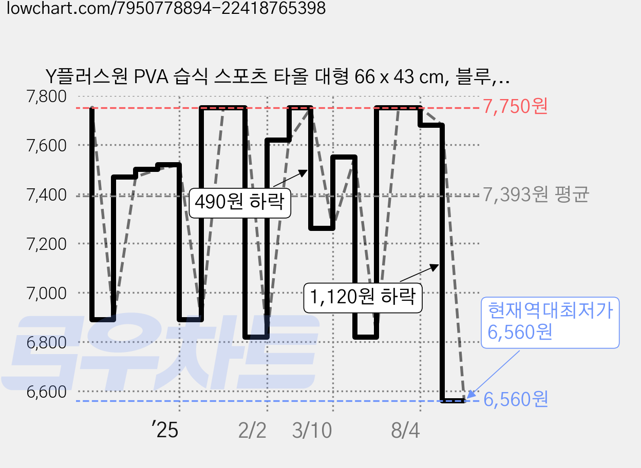 Y플러스원 PVA 습식 스포츠 타올 대형 66 x 43 cm, 블루, 2개 가격 변동 차트, 현재가 6,560원, 역대최저가