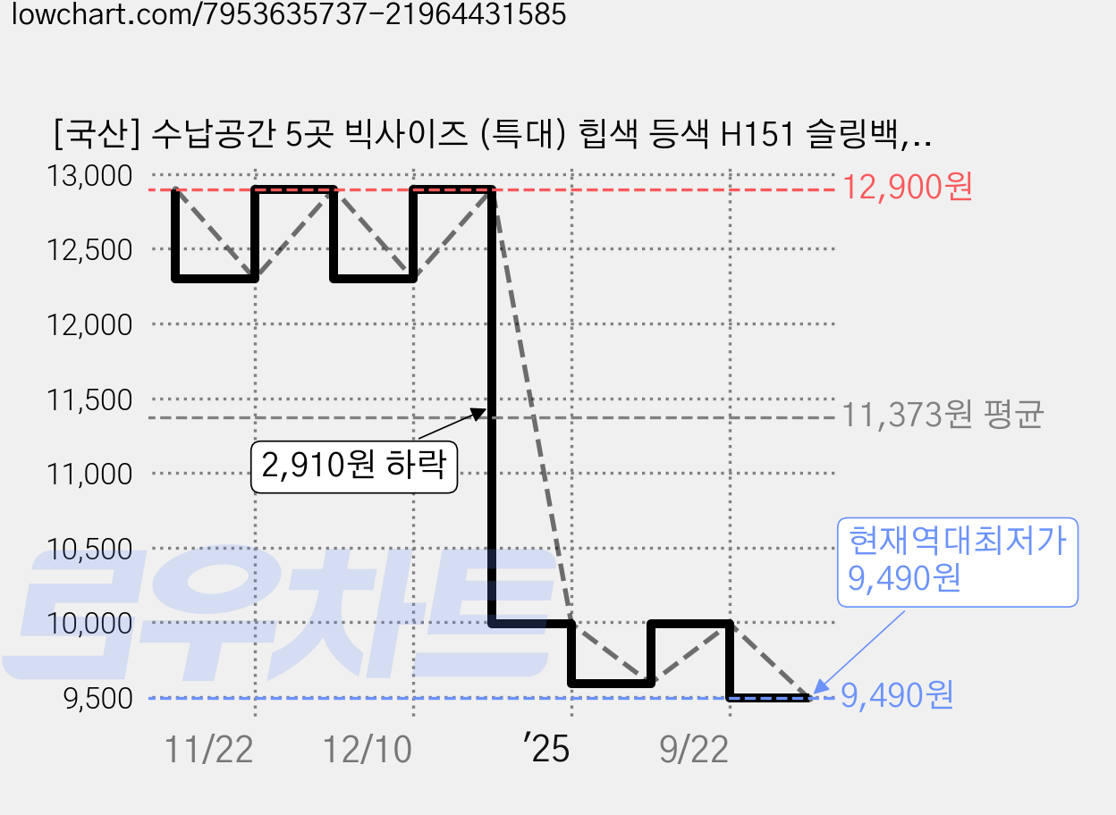 [국산] 수납공간 5곳 빅사이즈 (특대) 힙색 등색 H151 슬링백, 무지, 1개 가격 변동 차트, 현재가 9,490원, 역대최저가