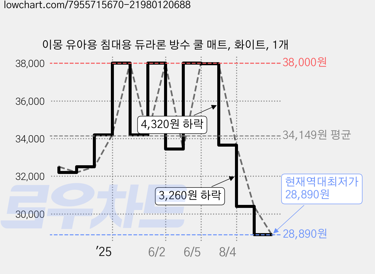 이몽 유아용 침대용 듀라론 방수 쿨 매트, 화이트, 1개 가격 변동 차트, 현재가 28,890원, 역대최저가