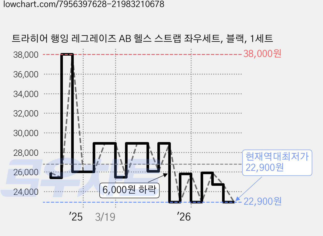 트라히어 행잉 레그레이즈 AB 헬스 스트랩 좌우세트, 블랙, 1세트 가격 변동 차트, 현재가 22,900원, 역대최저가