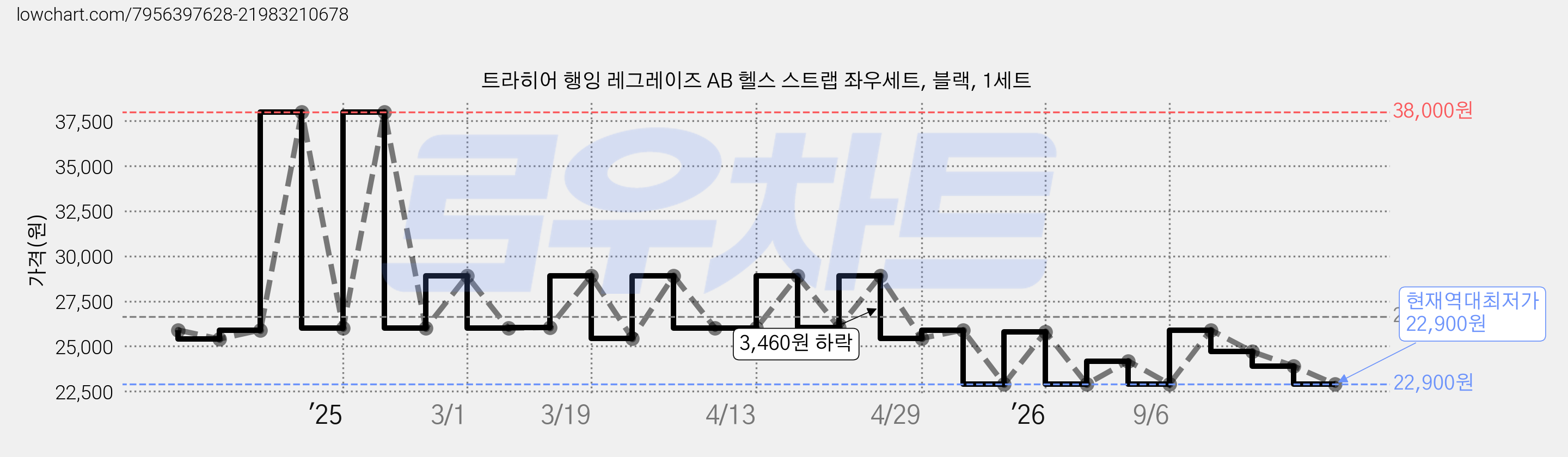 트라히어 행잉 레그레이즈 AB 헬스 스트랩 좌우세트, 블랙, 1세트 가격 변동 차트, 현재가 22,900원, 역대최저가