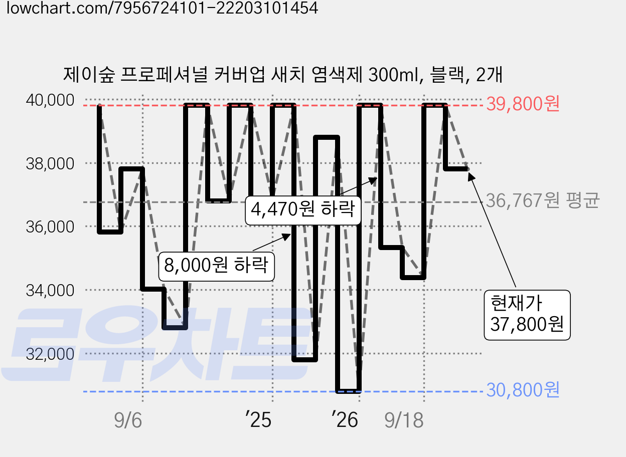 제이숲 프로페셔널 커버업 새치 염색제 300ml, 블랙, 2개 가격 변동 차트, 현재가 37,800원, 관측 최저가 30,800원
