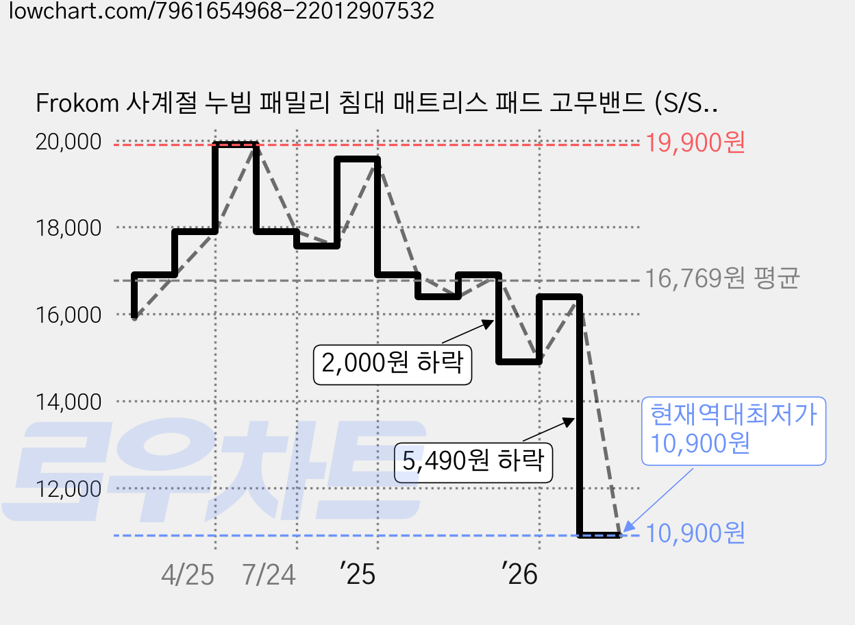 Frokom 사계절 누빔 패밀리 침대 매트리스 패드 고무밴드 (S/SS/Q/K), 블루그레이 가격 변동 차트, 현재가 10,900원, 역대최저가