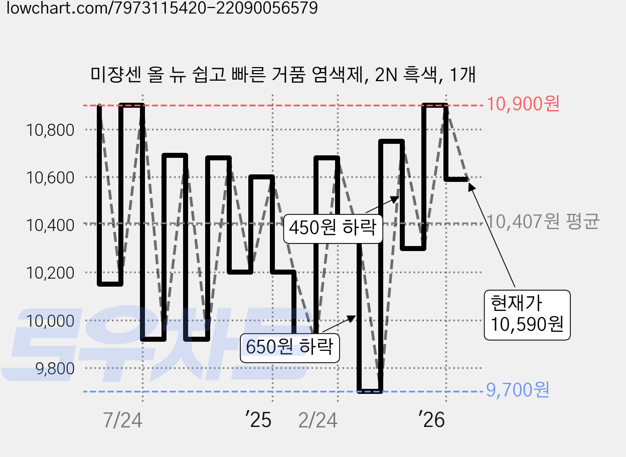 미쟝센 올 뉴 쉽고 빠른 거품 염색제, 2N 흑색, 1개 가격 변동 차트, 현재가 10,590원, 관측 최저가 9,700원