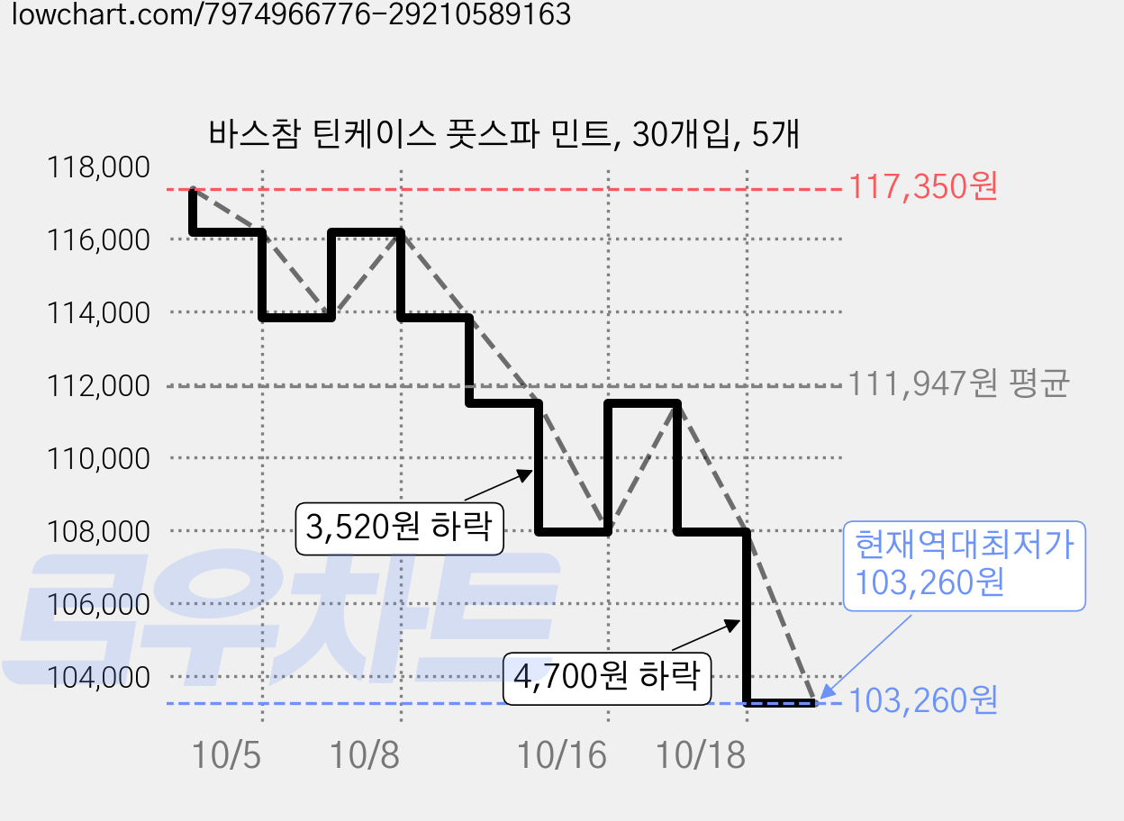 바스참 틴케이스 풋스파 민트, 30개입, 5개 가격 변동 차트, 현재가 103,260원, 역대최저가