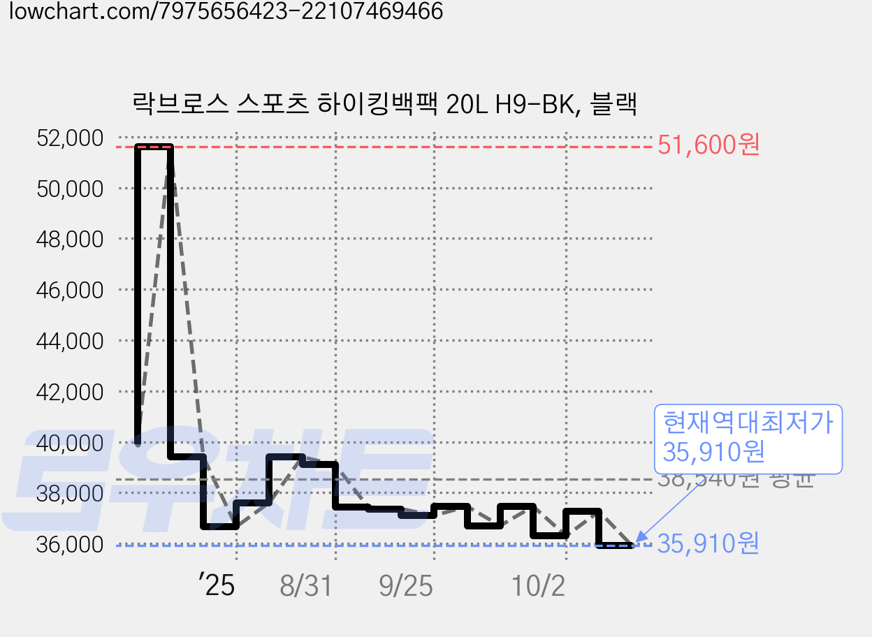 락브로스 스포츠 하이킹백팩 20L H9-BK, 블랙 가격 변동 차트, 현재가 35,910원, 역대최저가