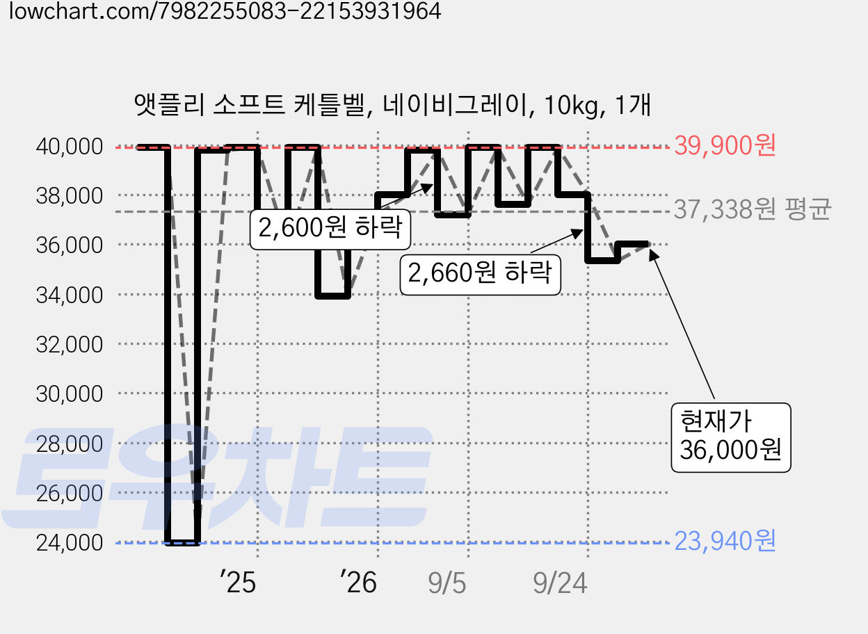 앳플리 소프트 케틀벨, 네이비그레이, 10kg, 1개 가격 변동 차트, 현재가 36,000원, 관측 최저가 23,940원
