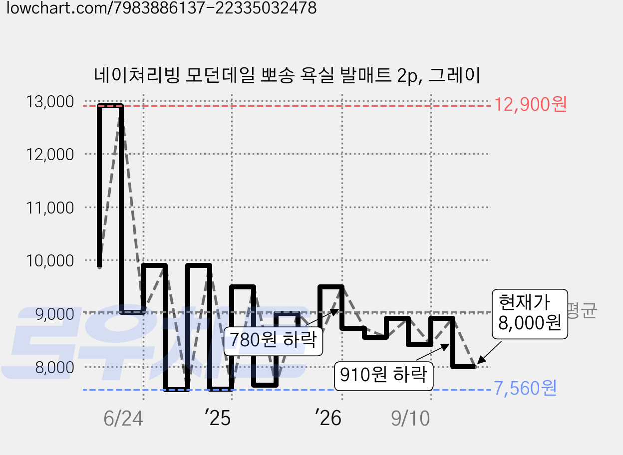 네이쳐리빙 모던데일 뽀송 욕실 발매트 2p, 그레이 가격 변동 차트, 현재가 8,000원, 관측 최저가 7,120원