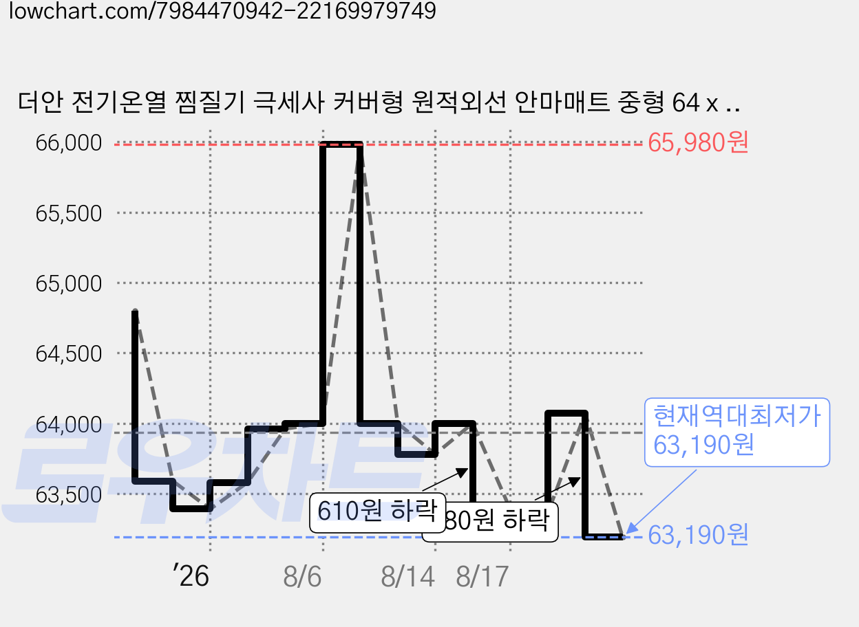 더안 전기온열 찜질기 극세사 커버형 원적외선 안마매트 중형 64 x 34 cm, DHF-YN200, 딥그레이 가격 변동 차트, 현재가 63,190원, 역대최저가