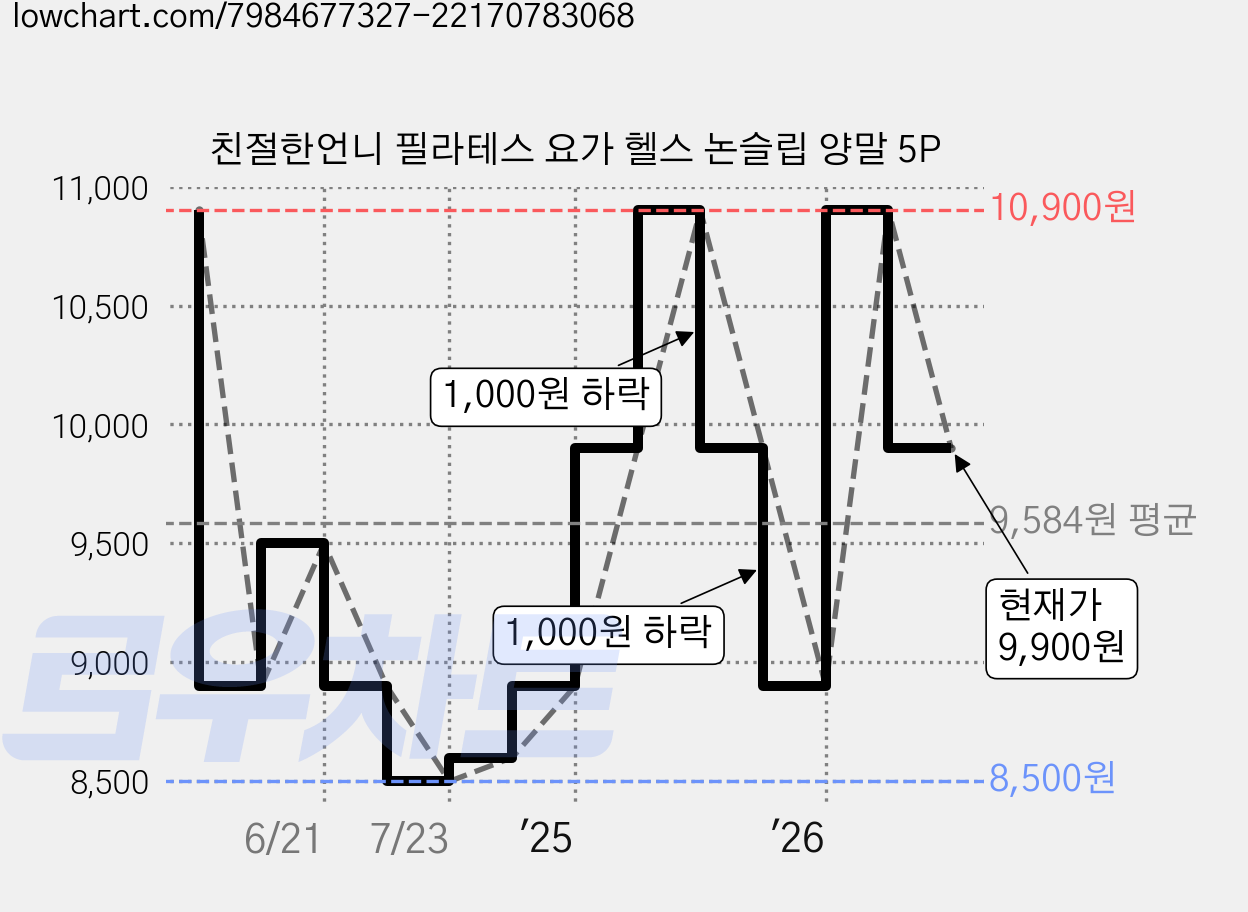친절한언니 필라테스 요가 헬스 논슬립 양말 5P 가격 변동 차트, 현재가 9,900원, 관측 최저가 8,500원