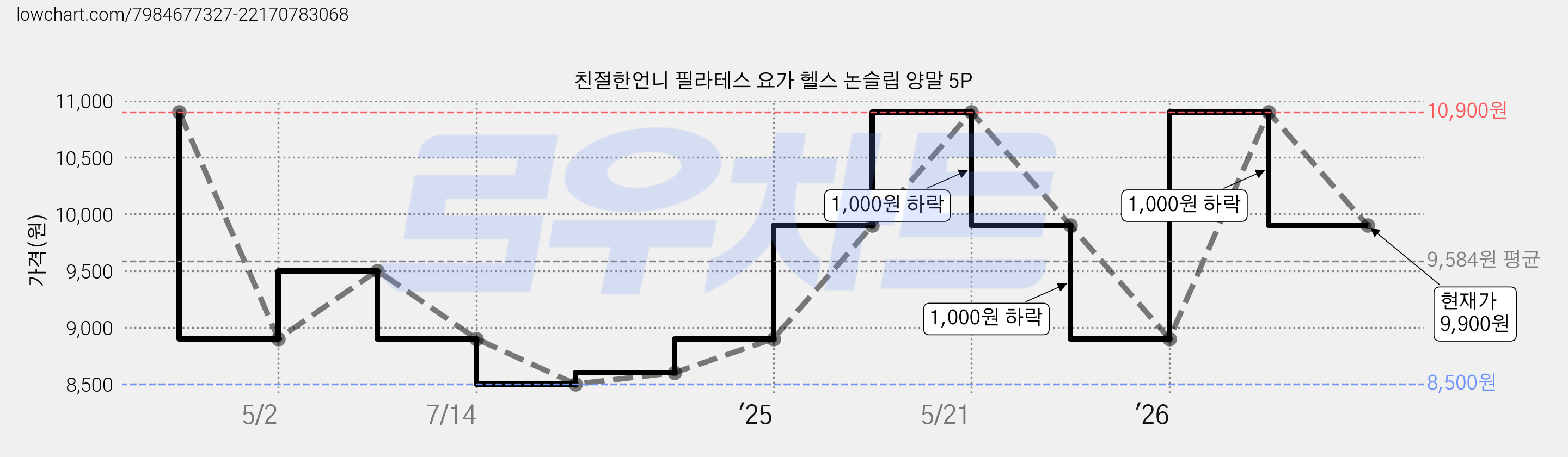 친절한언니 필라테스 요가 헬스 논슬립 양말 5P 가격 변동 차트, 현재가 9,900원, 관측 최저가 8,500원