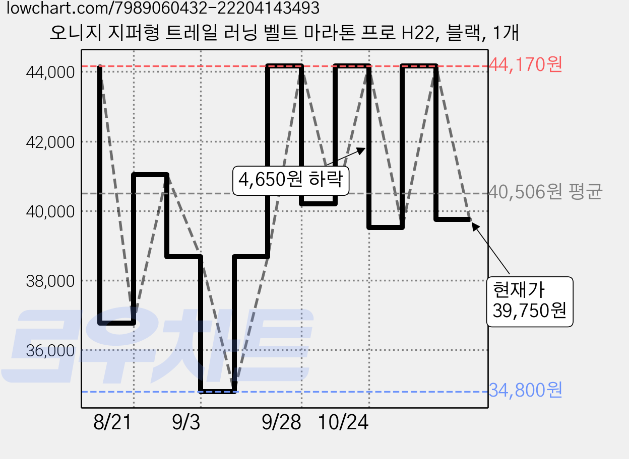 오니지 지퍼형 트레일 러닝 벨트 마라톤 프로 H22, 블랙, 1개 가격 변동 차트, 현재가 39,750원, 관측 최저가 34,800원
