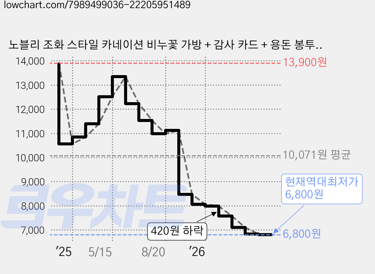 노블리 조화 스타일 카네이션 비누꽃 가방 + 감사 카드 + 용돈 봉투 + 쇼핑백 세트, 레드(조화), 1세트 가격 변동 차트, 현재가 6,800원, 역대최저가